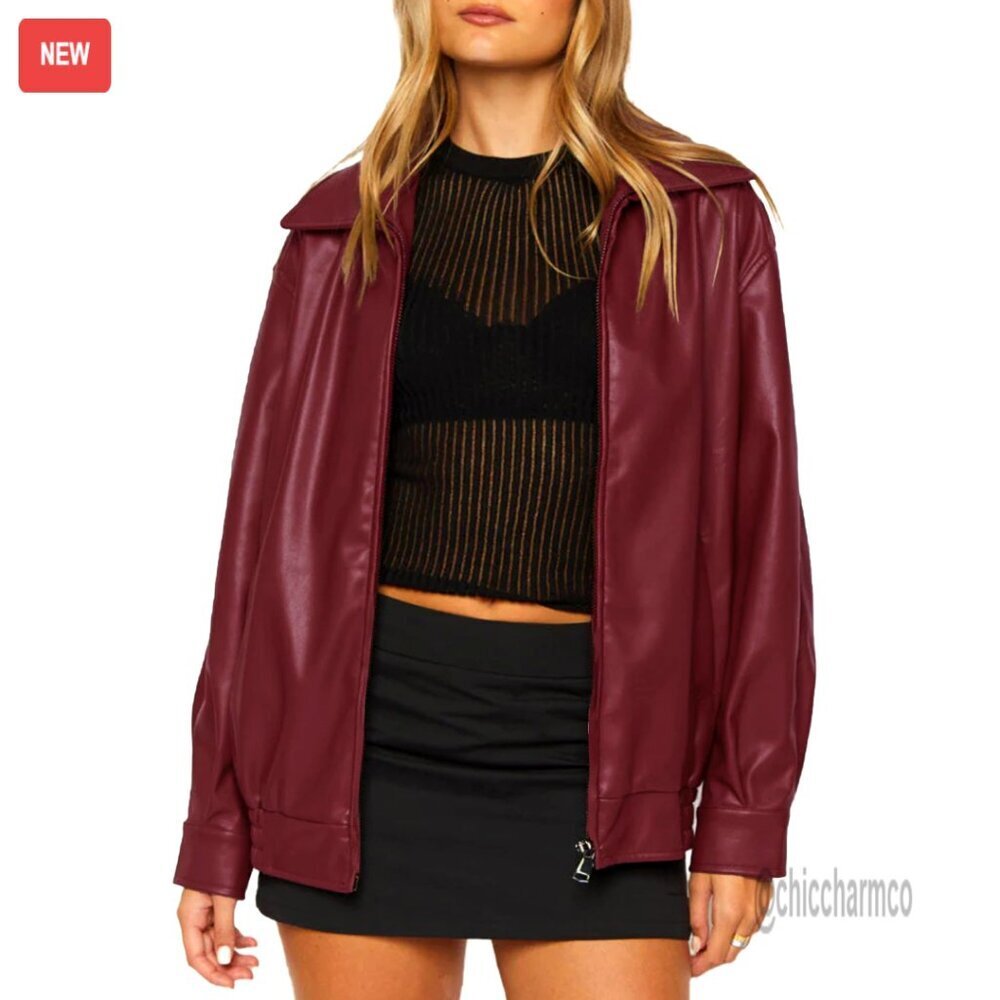 Oversized Faux Leather Bomber Jacket with Pockets, Motorcycle Style
